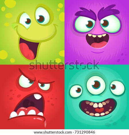 Cartoon monster faces set. Vector set of four Halloween monster faces with different expressions. Children book illustrations or party decorations