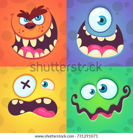 Cartoon monster faces set. Vector set of four Halloween monster faces with different expressions. 