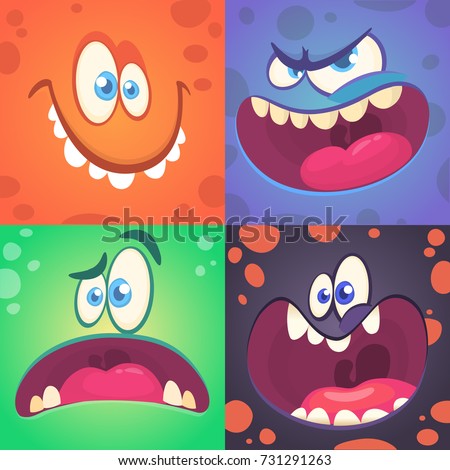 Cartoon monster faces set. Vector set of four Halloween monster faces with different expressions. Children book illustrations or party decorations