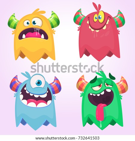 Cartoon Monsters set for Halloween. Vector set of cartoon monsters isolated. Design for print, party decoration, t-shirt, illustration, logo, emblem or sticker