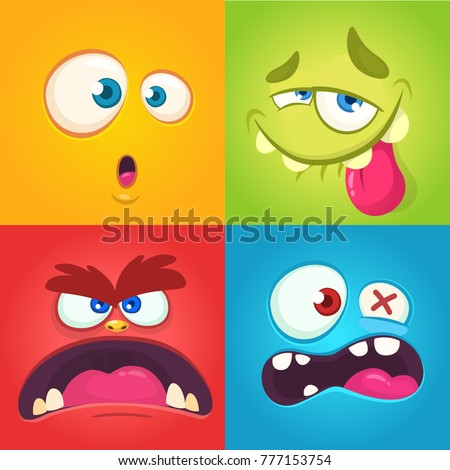 Cartoon monster faces set. Vector set of four Halloween monster faces with different expressions. 