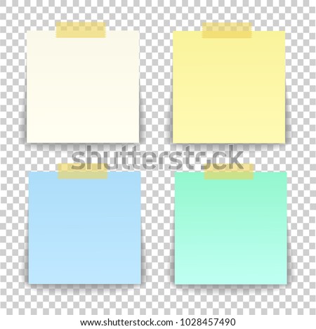 Paper sheet on translucent sticky tape with transparent shadow isolated on a transparent background. Empty yellow note template for your design. Vector illustration.