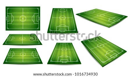 Soccer, European football field in top view different angles point of perspective view. Isolated vector illustration. Soccer set of green field for game 