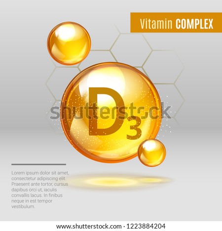 Vitamin D3  shining pill capcule icon .  Сholecalciferol vitamin with Chemical formula. Shining golden  substance drop. Meds ads.  Beauty treatment nutrition skin care design. Vector illustration