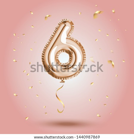 Elegant Pink Greeting celebration six years birthday Anniversary number 6 foil gold balloon. Happy birthday, congratulations poster.   Golden numbers with sparkling golden confetti. Vector