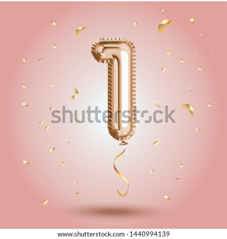 Elegant Pink Greeting celebration one year birthday Anniversary number 1 foil gold balloon. First year life, happy birthday, congratulations poster.   Golden numbers with sparkling golden confetti