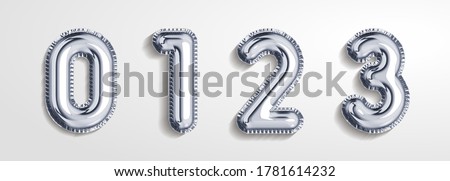Silver gray  balloon number 0, 1, 2, 3 realistic 3d render air balloon. Collection of balloons number ready to use. Holiday and party. 3d vector icon set. Foil balloon number zero isolated on white.