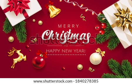 Merry Christmas Red Background with gifts box, green fir tree pine branch, red christmas ball, golden deer, jingle bell and holly berry. Horizontal Christmas posters, greeting cards, website. Vector