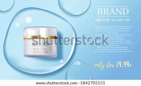 Premium VIP cosmetic ads, hydrating luxury facial cream for sale concept of  protection skin and moisturizing face serum, 3D realistic vector illustration. Water drop background. 