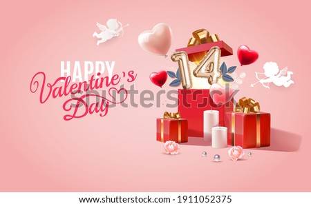 14 february Happy Valentine's Day. Realistic red open gift box with foil balloon number, heart shape balloon,cupid angels, candles. Banner, web poster, flyer, brochure, greeting card background.