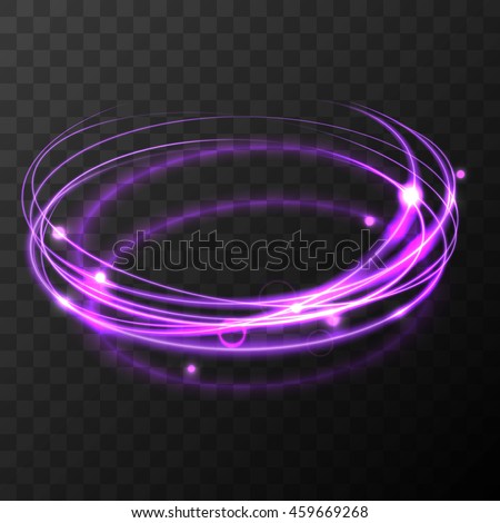 Purple glowing rings on transparent background.  Vector magic circle. Glowing ring trace. Flash, sparkles. Light effects. Light circles. Vector illustration.
