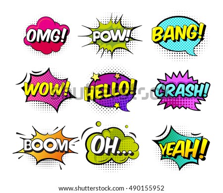 Collection of nine multicolored comic sound effects in pop art vector style. Bubble speech with word and cartoon halftone expression illustration. Foto d'archivio © 