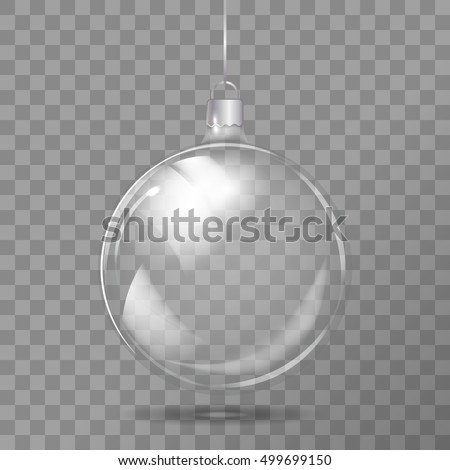 Template of glass transparent Christmas ball. Stocking element christmas decorations. Transparent vector object for design, mock-up. Shiny toy with silver glow. Isolated object. Vector illustration.