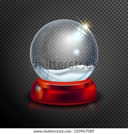 Realistic Christmas glass snow globe isolated on transparent background. vector illustration. Winter in glass ball. Magic Christmas crystal ball of glass, snow and red stand. Vector illustration
