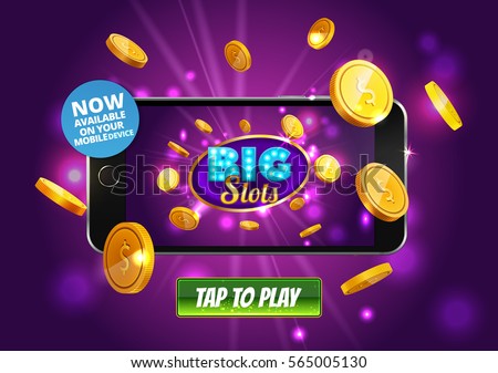 Online Big slots casino marketing banner, tap to play button. Mobile phone with screenshot of slots logo with flying coins, explosion bright flash, colored ads. Now on your mobile device. Vector