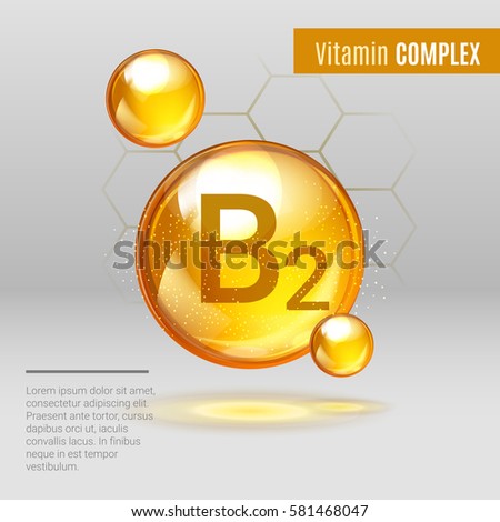 Vitamin B 2 gold shining pill capcule icon . Vitamin complex with Chemical formula, group B, Riboflavin. Shining golden substance drop. Meds for heath ads. Vector illustration