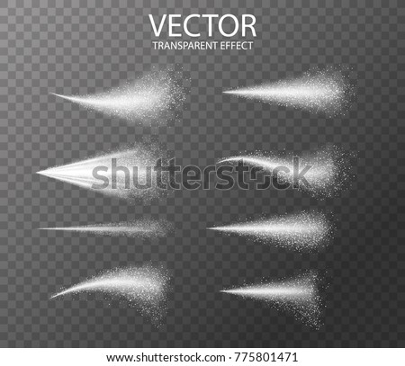 Water spray white smoke or fog dust and dots, mist of atomizer. Trigger Sprayer effect with spray or stream nozzles ,cosmetic design. Abstract dots clouds, blizzard . 3d elements  vector illustration.