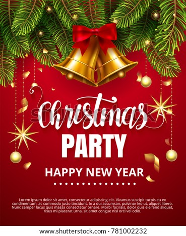 Vector stock Christmas Party Happy New Year traditional classic design template. Jingle golden bells with ribbon bow, christmas ball, stars, fir tree branches isolated on red Vector illustration EPS10