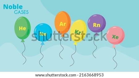 Noble gases. Helium balloons. Helium, argon, neon, krypton, xenon, radon. Vector illustration