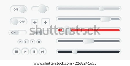 3d slider bar, vector illustration. Scrollbar volume, brightness. Panel switch control. Concept toggle scroll. User interface, play two button. Horizontal drag shape, level, scale. Loading bar