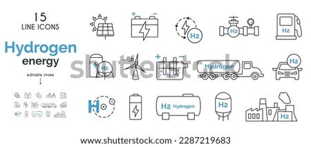 Green hydrogen fuel production icons set. water electrolysis, hydrogen atom, solar energy, windmill, fuel tank, pipeline, hydrogen transport, gas station.