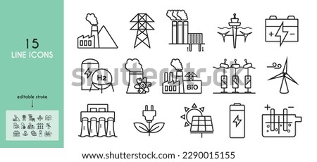 Power plant line icons set.  Electrical wires, electric pole, coal, geothermal, solar, wind, nuclear, hydro, biomass, wave, tidal power plants. Electrolysis. Vector illustration.