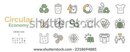 A set of icons for the circular economy. Production, usage, recycling, energy saving, repair, renewable resources,consumption. Vector line illustration in yellow and green. Editable stroke. 