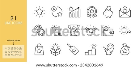 Exclusive benefits line icon set. Star, money, order, piggy bank, cup, letter, credit card, coupon, wallet, doubling, rating, bag, location, box, gift bag vector illustration. Outline sings. Editable