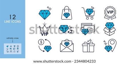 Set of linear blue icons exclusive diamond benefits. Bonus program, loyalty, gem, gift, exclusive location, envelope, offer, credit card, multiplication, premium shopping, vip.Editable Stroke. Vector