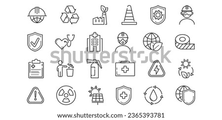 Health Safety Environment line icon set.First aid kit, danger, protective mask, heart, recycling, clean energy, radiation, fire extinguisher, goggles, cone vector illustration. Editable Stroke