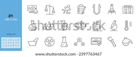 Chemical Laboratory line icons set. Flask, mortar, pestle, scale, molecule, test tube, flask, retort, burner, flame, certificate, petri dish vector illustration. Editable stroke