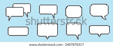 Pixel empty speech bubble. Chat speech. Communication box. Dialog cloud. 8-bit. Game development. Vector illustration on a blue background