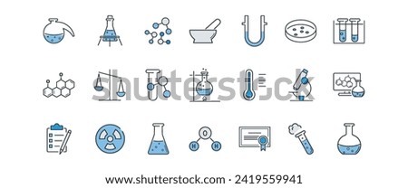 Chemical Laboratory line icons set. Flask, mortar, pestle, scale, molecule, test tube, flask, retort, burner, flame, certificate, petri dish vector illustration in gray and blue. Editable stroke