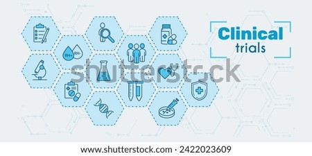 Clinical studies, trials, experiments. Concept in blue color on a background of hexagons or honeycomb. Line icons on the theme of medicine. Vector