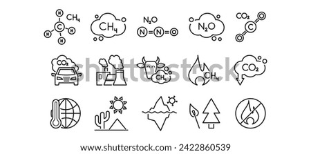 Greenhouse gases: methane ch4, carbon dioxide, n2o line icon set. Deforestation, glacial melt, burn, toxic, fire, incineration, cow, leaks, formula, molecule, cloud. Outline sings. Editable stroke.