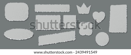 Kit silhouettes of a torn piece of gray paper. Rectangle, square, heart, crown, circle blank space for text. Lacerated sheet element, isolated shred fragment. Scrapbook blank header.