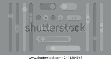 3d slider bar, vector illustration. Scrollbar volume, brightness. Panel switch control. Concept toggle scroll. User interface, play two button. Vertical drag shape, level, scale. Loading bar