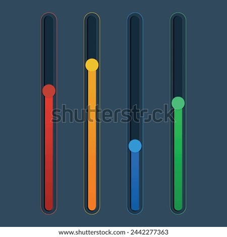 3d colorful scroll bar. Down button. Panel switch control. Website element. Web ui. 4 Red, yellow, green, blue vertical drag shape, level, scale. Software tools. Loading bar. Vector design.
