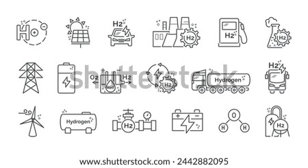 Green hydrogen energy line icon set. Production and storage of hydrogen fuel. Tank of h2. Solar panel, windmill, battery, power, transportation, generator, atom vector illustration. Editable strock