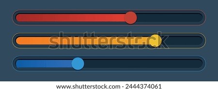 3 vertical sliders in red, yellow and blue color on black background. Vector illustration of loading bar, level, scale, sound volume. Software tool. Speed upload or download. Panel switch control.