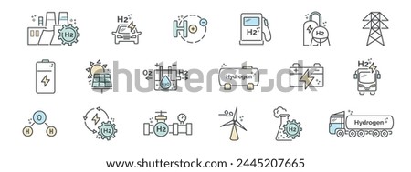 Production and storage of hydrogen fuel. Green hydrogen energy line icon set. Tank of h2. Solar panel, windmill, battery, power, transportation, generator, atom vector illustration. Editable strock