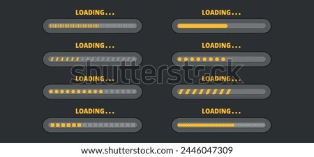 Set of load bar progress. Vector illustration of loading bar, level, scale, sound volume. Software tool. Speed upload or download. Panel switch control. Indicator of status download.