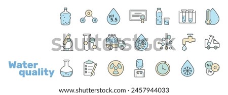Water quality icons set. Molecule, freezing point, bacterial, heavy metals, tap, clean, drop, faucet, hot, drink, bottle, cooler, truck vector illustration.