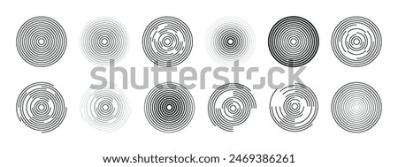 12 concentric circles isolated on a white background. Radial center minimal spirals on white. Radio and sonar wave. Illusion. Pulsation. Vector.