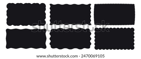 Set of rectangular frames with jagged wavy scalloped and zigzag edges. Rectangle jagged curved box element. Black shapes isolated on white background. Hand drawn vector illustration