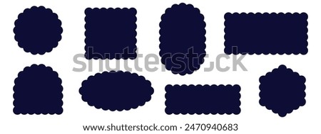 Set of rectangular, round, oval and square scalloped frames. Zig zag Wavy Edge. Abstract elements for tag, stickers. Vector illustrations set isolated on white background.