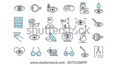 Ophthalmology line icon set. Eye, glasses, test, clinic, contact lenses, slit lamp, iris, retina, plus, minus, treatment dynamics, ophthalmologist, surgery, laser vector illustration. Editable Stroke