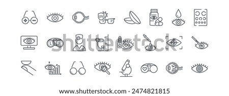 Ophthalmology line icon set. Eye, glasses, test, clinic, contact lenses, slit lamp, iris, retina, plus, minus, treatment dynamics, ophthalmologist, surgery, laser vector illustration. Editable Stroke