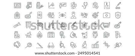 Clinical study, trials,research line icon set. Hospital, medicine, health care, health care, disease, treatment, research, science, biology, chemistry patients vector illustration.