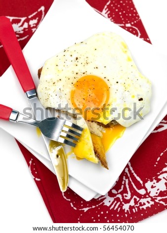 A freshly fried egg on a piece of toast
